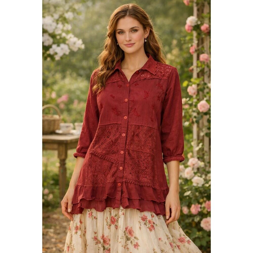 April Cornell Button Up Tunic Top Size S Eyelet Floral Embroidery Chiffon Trim